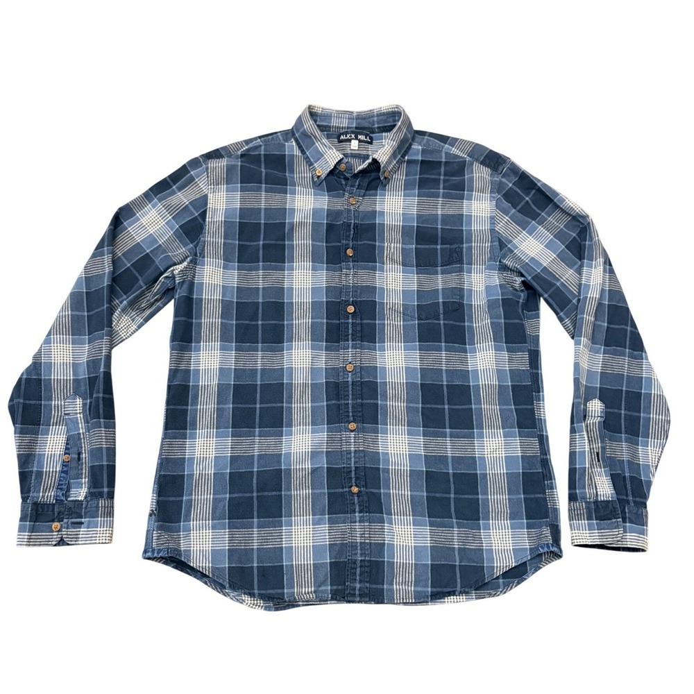 Alex Mill Plaid Flannel Shirt Large Blue White Cotton Button Down Long Sleeve